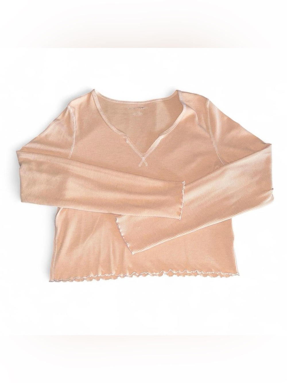 American Eagle Outfitters Ribbed V-Neck Long Sleeve Top in Peach